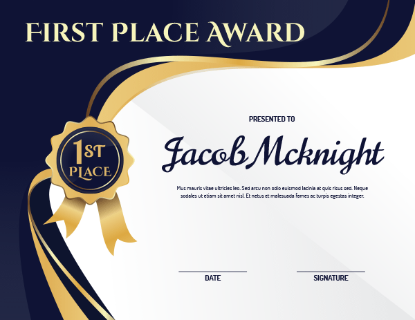 Printable First Place Ribbon Award Certificate Template