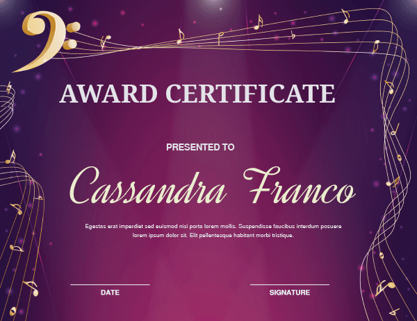 Formal Bass Clef Award Certificate Template