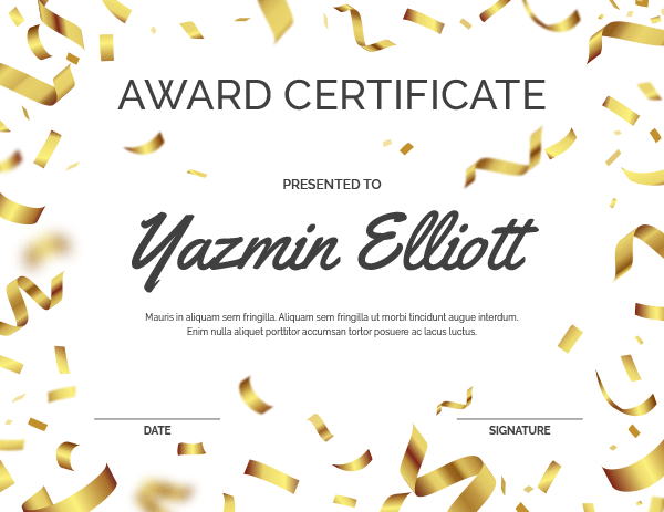 Gold Confetti Award Certificate Template