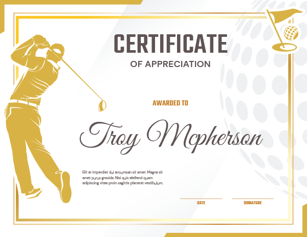Printable Golf Appreciation Award Certificate Template
