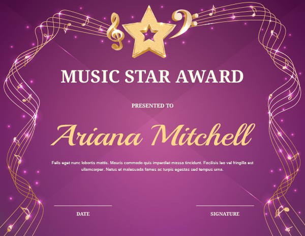Printable Music Star Award Certificate Template