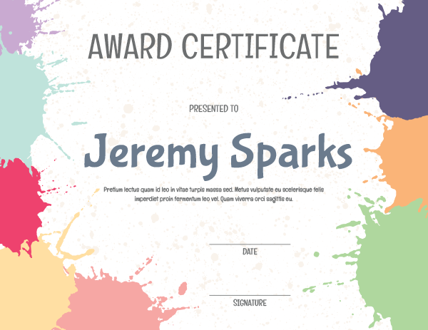 Pastel Paint Splatter Award Certificate Template