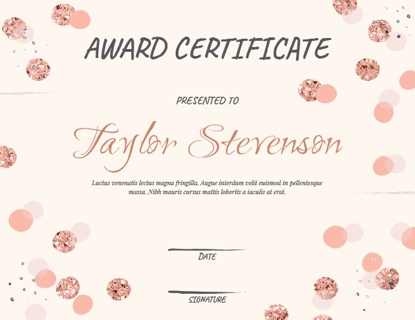 Pink And Rose Gold Confetti Award Certificate Template