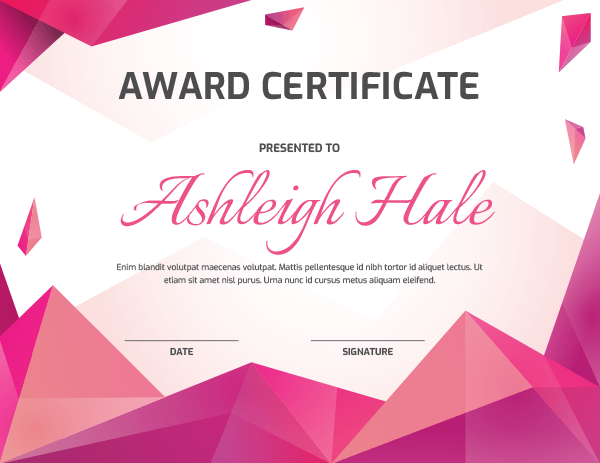 Pink Polygonal Award Certificate Template