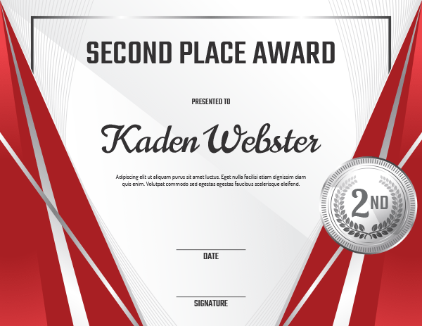 Second Place Medal Award Certificate Template