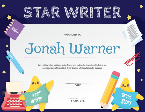 Star Writer Award Certificate Template