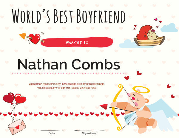 Worlds Best Boyfriend Award Certificate Template