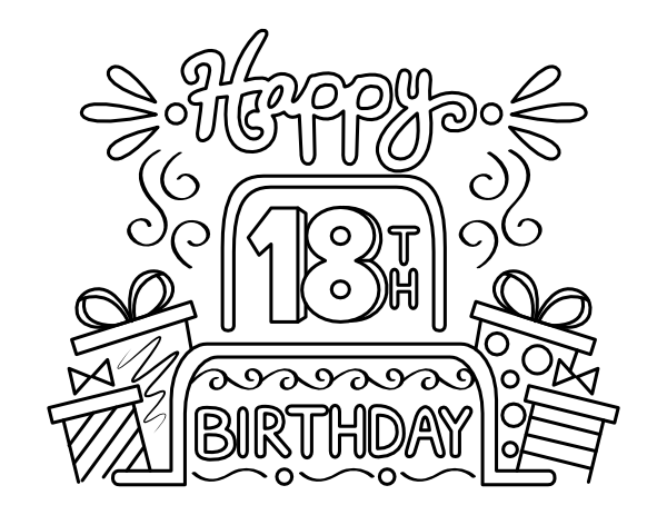 18th Birthday Cake and Presents Coloring Page