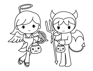 Angel and Devil Trick or Treaters Coloring Page