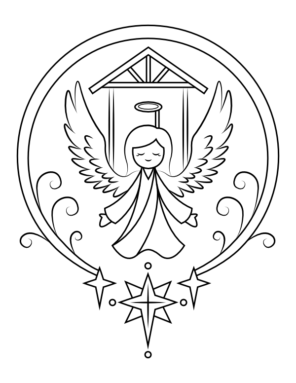Angel and Manger Coloring Page
