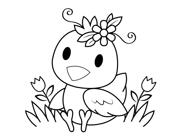 Baby Chick And Flowers Coloring Page