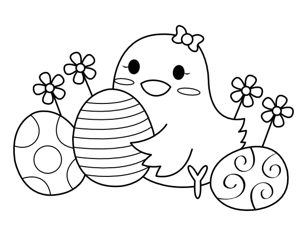 Baby Chick With Easter Eggs and Flowers Coloring Page