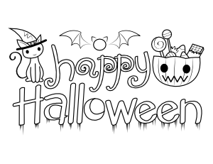 Bat Cat and Candy Halloween Coloring Page