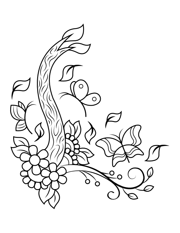 Butterflies With Floral Branch Coloring Page