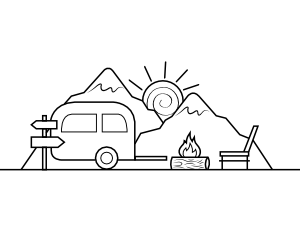 Camper Trailer and Mountains Coloring Page