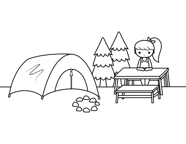 Camping Girl and Picnic Table Coloring Page