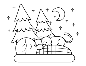 Camping Kid and Cat Coloring Page