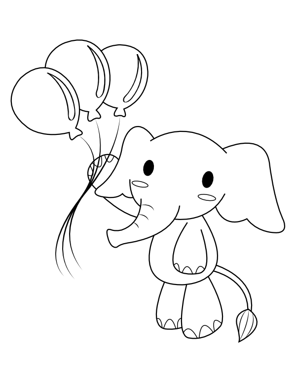printable cartoon elephant with balloons coloring page
