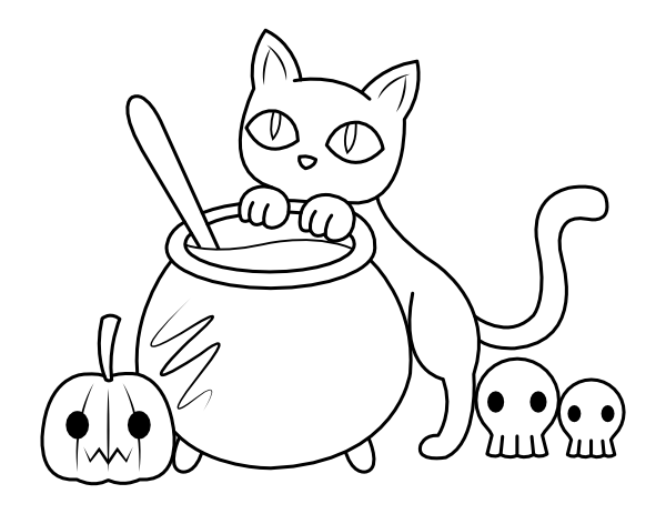 Cat and Cauldron Coloring Page