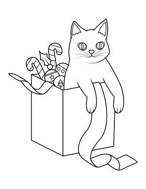 Cat and Christmas Gift Coloring Page