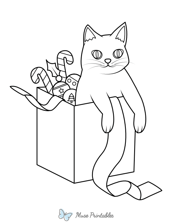 Cat and Christmas Gift Coloring Page