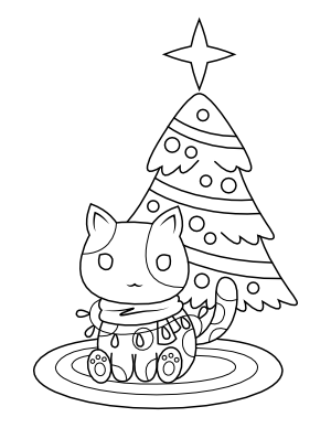 Cat and Christmas Tree Coloring Page