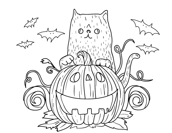 Cat and Pumpkin Coloring Page
