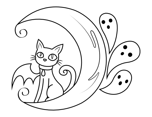 Cat Ghosts and Moon Coloring Page