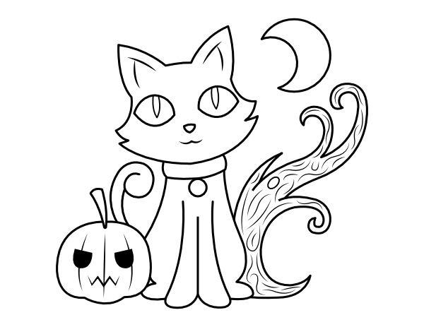 Cat Halloween Scene Coloring Page