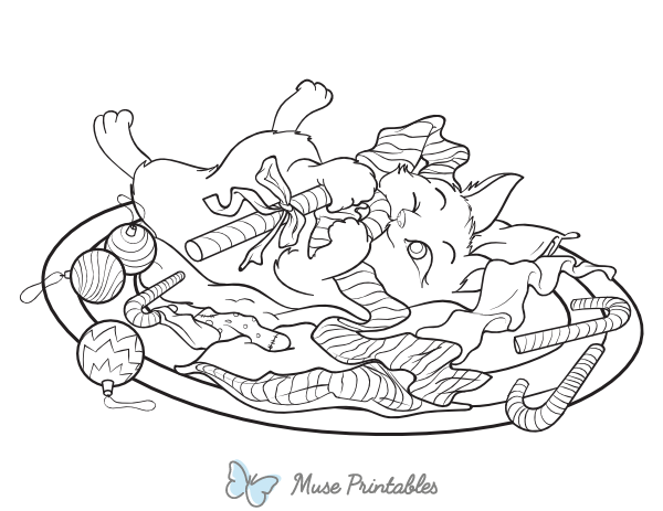 Cat Playing With Candy Cane Coloring Page