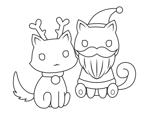 Cat Santa Claus and Reindeer Coloring Page