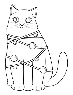 Cat Tangled in Christmas Tree Lights Coloring Page