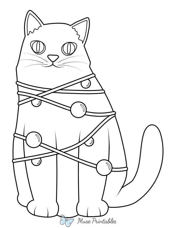 Cat Tangled in Christmas Tree Lights Coloring Page