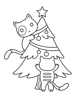 Cats and Christmas Tree Coloring Page