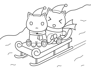 Cats Riding Sled Coloring Page