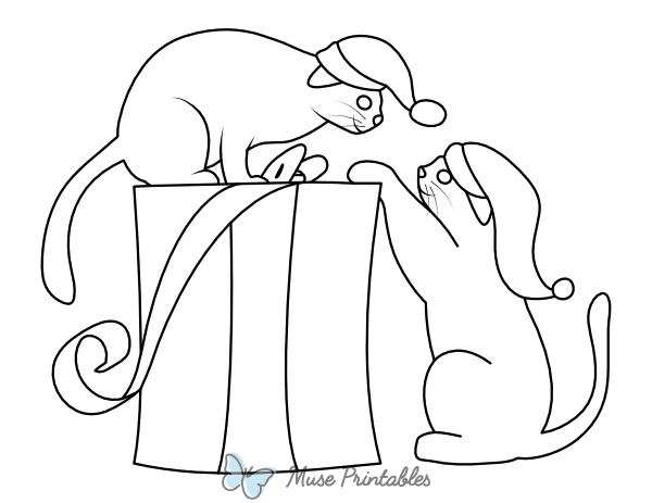 Christmas Cats Playing Coloring Page