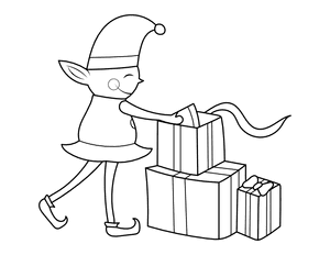 Christmas Elf and Presents Coloring Page