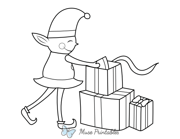 Christmas Elf and Presents Coloring Page