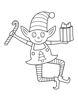 Christmas Elf With Candy Cane and Present Coloring Page