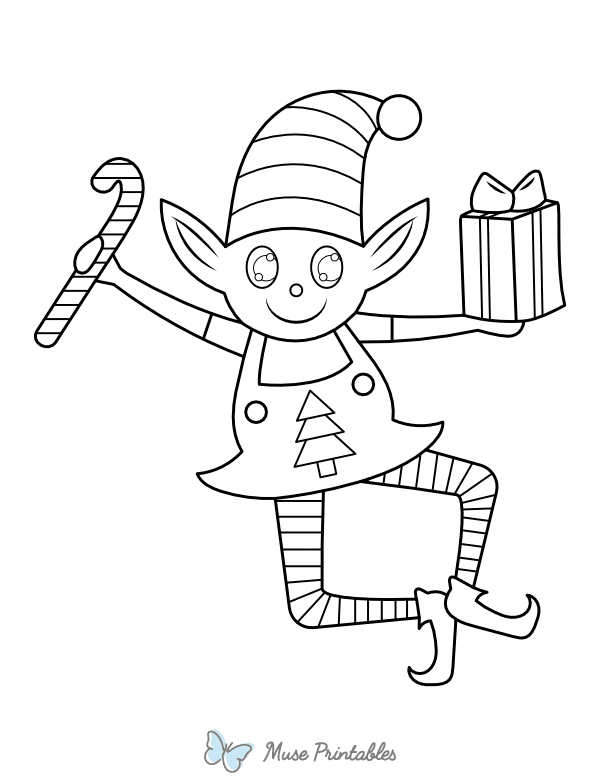 Christmas Elf With Candy Cane and Present Coloring Page