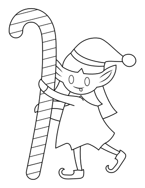 Christmas Elf With Giant Candy Cane Coloring Page