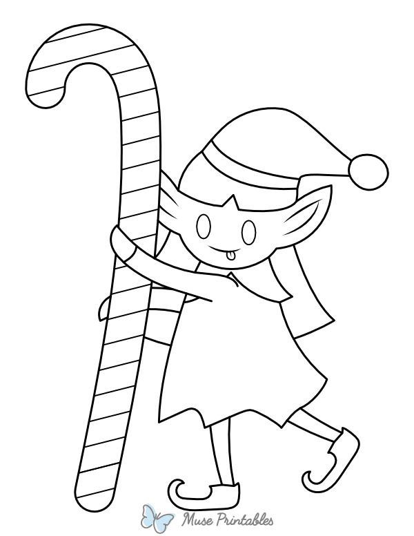 Christmas Elf With Giant Candy Cane Coloring Page