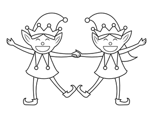 Christmas Elves Holding Hands Coloring Page