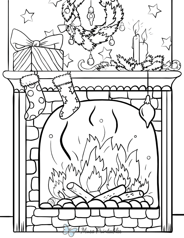 Christmas Fireplace With Stockings Coloring Page