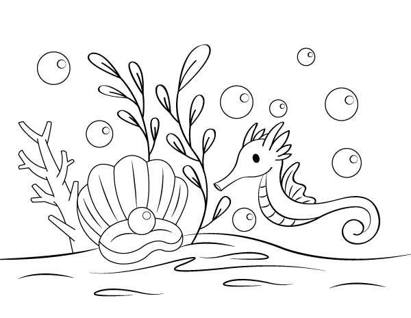 Clam And Seahorse Coloring Page