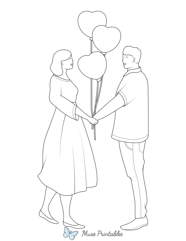 Couple With Heart Balloons Coloring Page