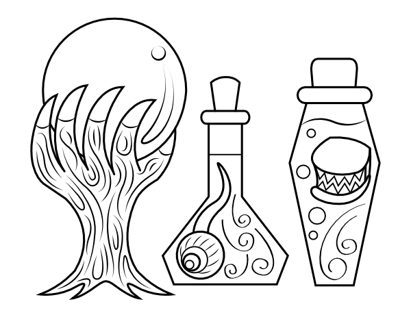 Crystal Ball and Potions Coloring Page