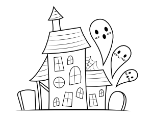 Cute Ghosts and Haunted House Coloring Page