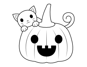 Cute Jack-o'-lantern and Cat Coloring Page