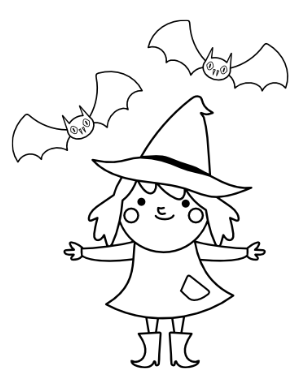 Cute Witch and Bats Coloring Page